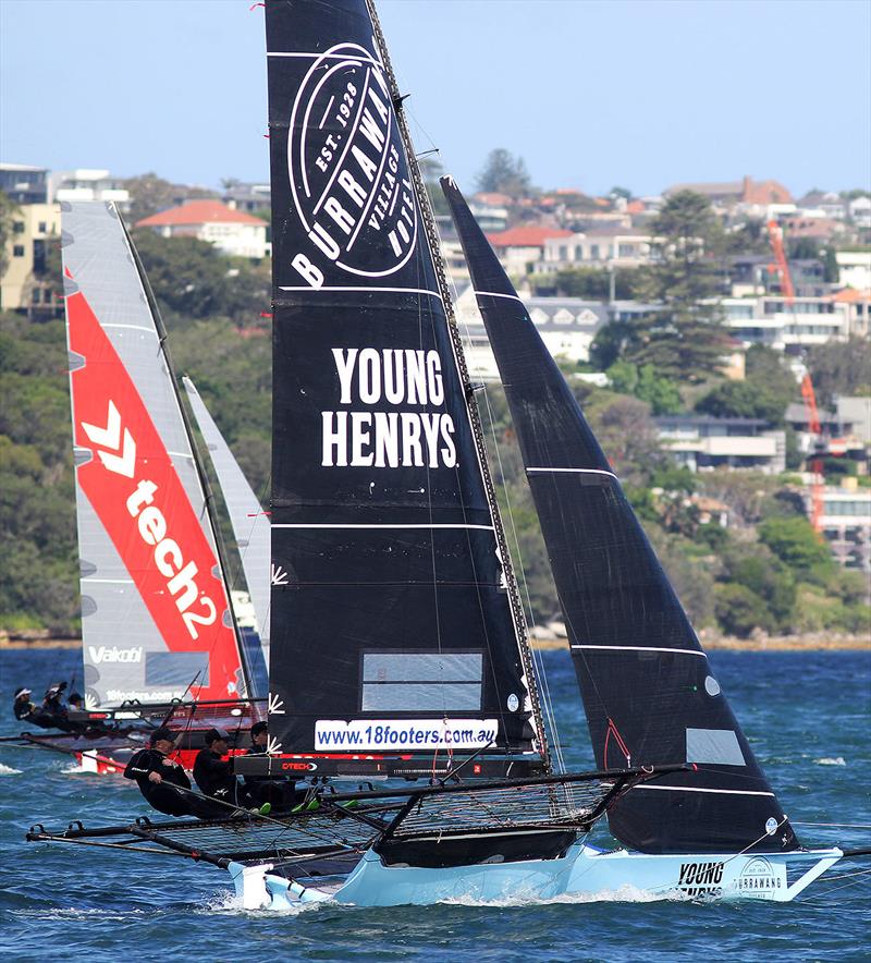 Tech2 and Burrawang-Young Henrys on a windward leg into Rose Bay on the first Sunday of the 18ft Skiff Spring Championship photo copyright Frank Quealey taken at Australian 18 Footers League and featuring the 18ft Skiff class