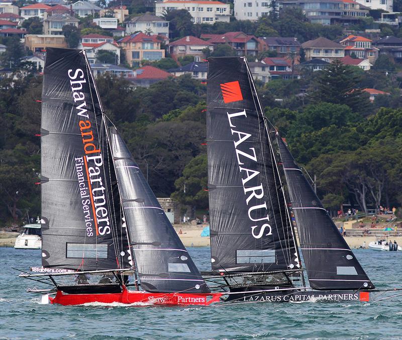 Shaw and Partners and Lazarus Capital Partners off Steel Point last Sunday during the 18ft Skiff Spring Championship photo copyright Frank Quealey taken at Australian 18 Footers League and featuring the 18ft Skiff class