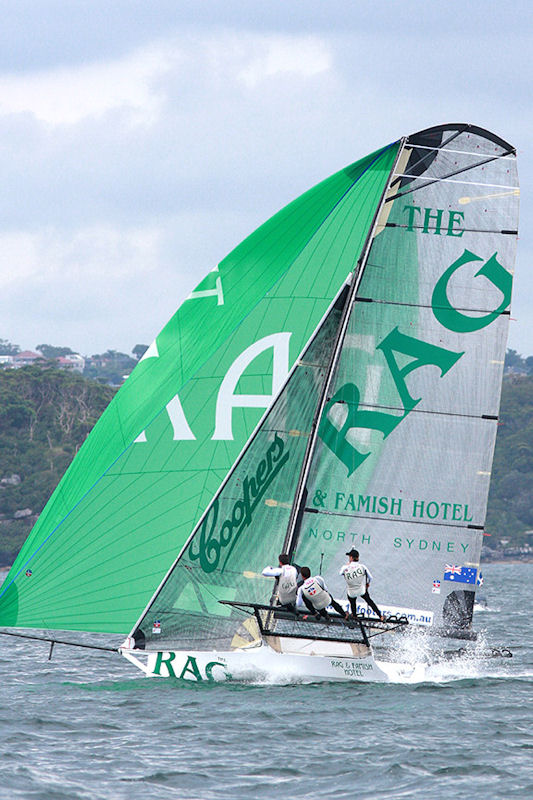 Rag & Famish Hotel finishes third in race 1 of the 63rd JJ Giltinan Championship photo copyright Frank Quealey taken at Sydney Flying Squadron and featuring the 18ft Skiff class