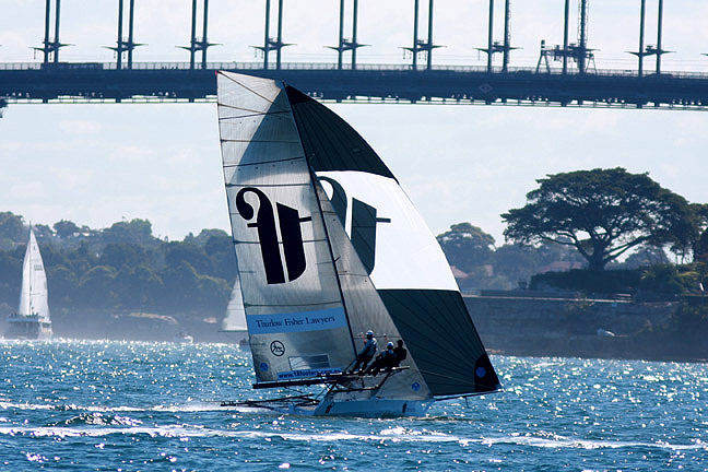 Australian 18ft Skiff 3-Buoys Challenge series leader Thurlow Fisher Lawyers photo copyright Frank Quealey taken at Sydney Flying Squadron and featuring the 18ft Skiff class