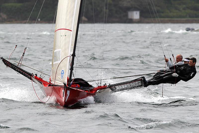 Skiff legend Iain Murray proves he's still got it during the 18ft Skiff Ferry Patrons Trophy photo copyright Frank Quealey taken at Australian 18 Footers League and featuring the 18ft Skiff class