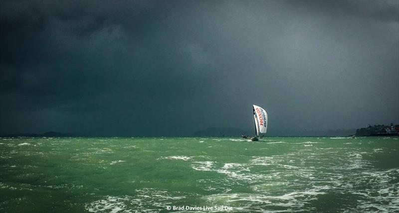 Honda Marine is tested on Day 1 of the 2018 18ft Skiff NZ Nationals at Royal Akarana Yacht Club photo copyright Brad Davies taken at Royal Akarana Yacht Club and featuring the 18ft Skiff class