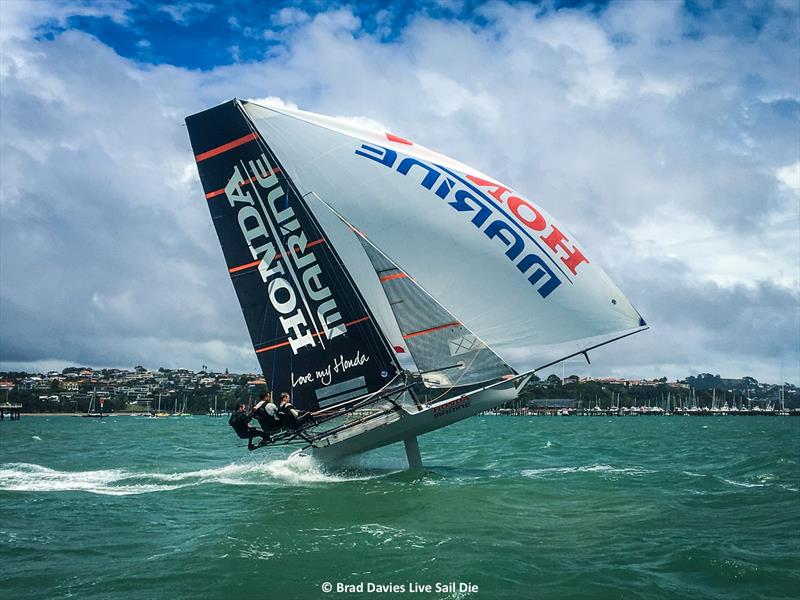 Honda Marine is tested on Day 1 of the 2018 18ft Skiff NZ Nationals at Royal Akarana Yacht Club photo copyright Brad Davies taken at Royal Akarana Yacht Club and featuring the 18ft Skiff class
