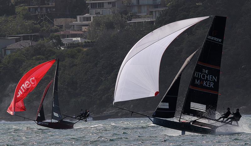 The Kitchen Maker leads Smeg down the first spinnaker run in Race 8 photo copyright Frank Quealey taken at Australian 18 Footers League and featuring the 18ft Skiff class