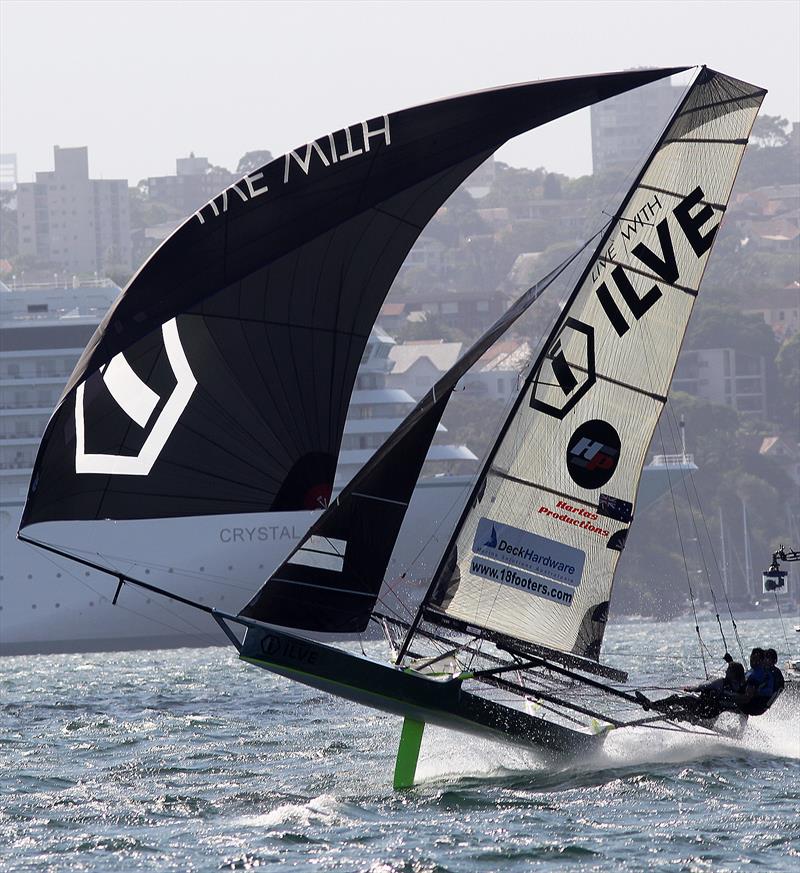 World champion Michael Coxon drives Ilve to the finish in Race 8 photo copyright Frank Quealey taken at Australian 18 Footers League and featuring the 18ft Skiff class