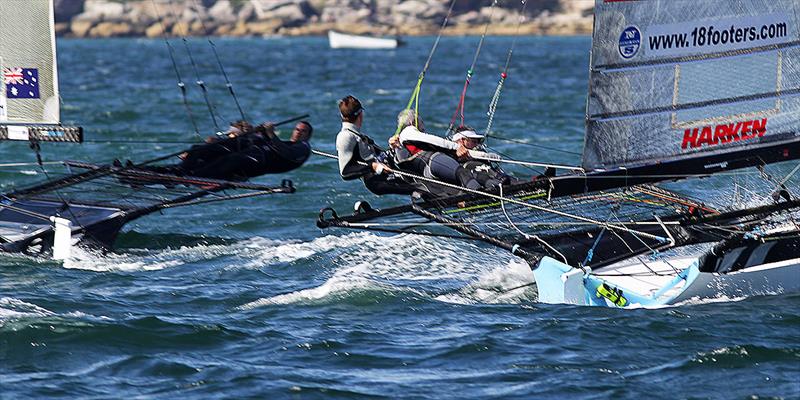 Finport and Harken skippers eye each other off on the second windward leg - Race 1, JJ Giltinan Trophy, March 3, 2018 photo copyright Frank Quealey taken at Australian 18 Footers League and featuring the 18ft Skiff class