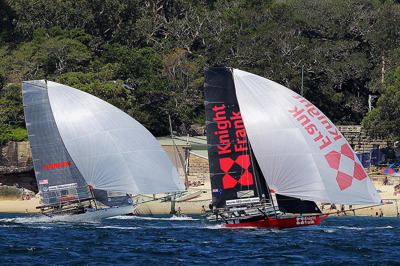NZ's Knight Frank and Harken (USA) on the first run past Nielsen Park - Race 1, JJ Giltinan Trophy, March 3, 2018 photo copyright Frank Quealey taken at Australian 18 Footers League and featuring the 18ft Skiff class