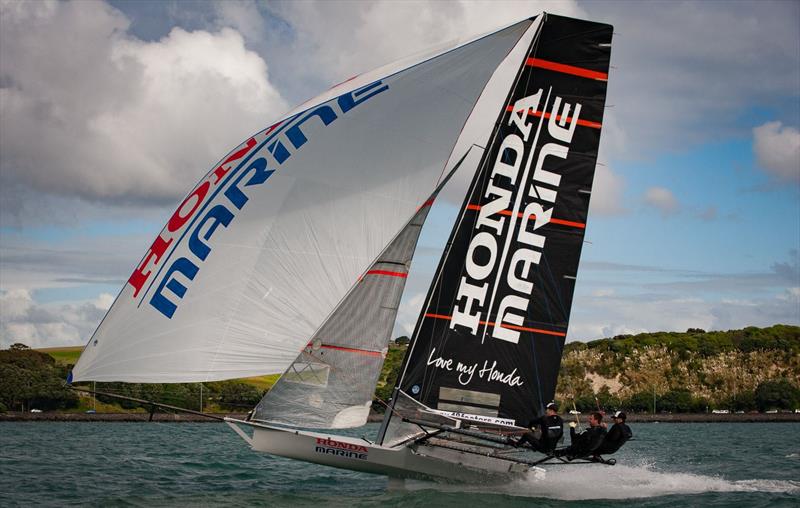 Honda Marine - 18ft skiff - Waitemata Harbour  photo copyright Suellen Davies / Auckland Skiff League taken at Royal Akarana Yacht Club and featuring the 18ft Skiff class