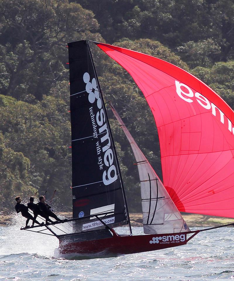 Smeg shows her paces on the tight spinnaker run from Clark Island on the first lap of the course during 18ft Spring Championship Race 2 photo copyright Frank Quealey taken at Australian 18 Footers League and featuring the 18ft Skiff class