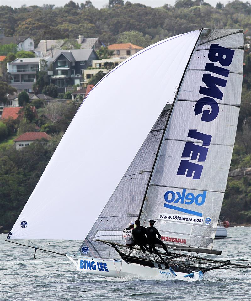 Micah Lane's Bing Lee was near the lead before a capsize late in 18ft Skiff Spring Championship Race 2 photo copyright Frank Quealey taken at Australian 18 Footers League and featuring the 18ft Skiff class