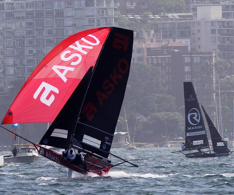 Asko Appliances heads for the bottom mark as R Marine Pittwater turns to head back upwind-1 photo copyright Frank Quealey taken at  and featuring the 18ft Skiff class