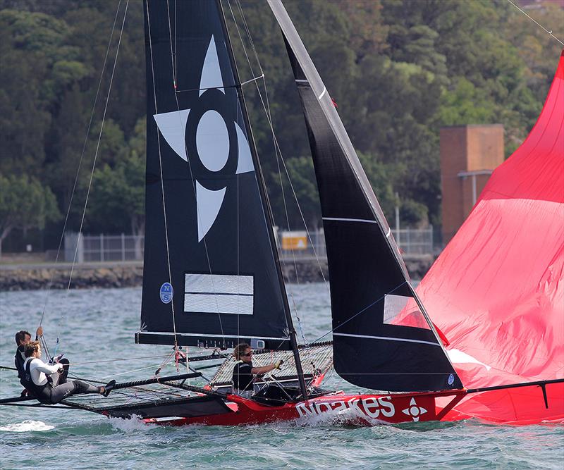 A quick spinnaker drop as Noakesailing takes the lead at the end of the first lap of the course during the final race of the 18ft Skiff Spring Championship photo copyright Frank Quealey taken at Australian 18 Footers League and featuring the 18ft Skiff class