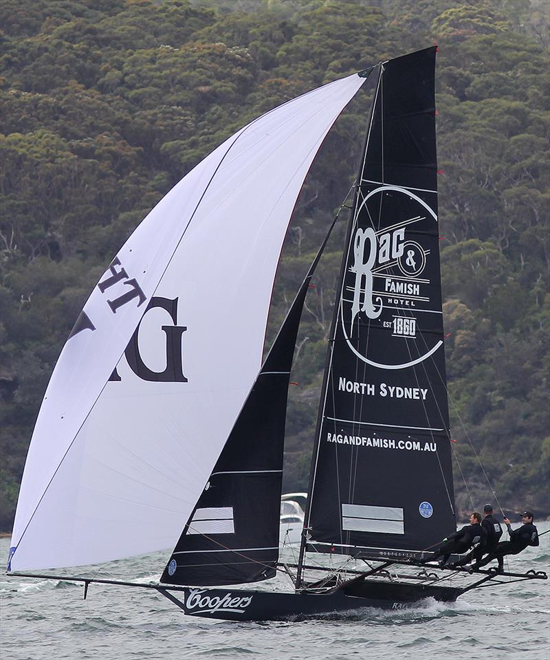 Rag and Famish Hotel extended her lead by more than one minute on the spinnaker run from Rose Bay to Kurraba Point during the final race of the 18ft Skiff Spring Championship photo copyright Frank Quealey taken at Australian 18 Footers League and featuring the 18ft Skiff class