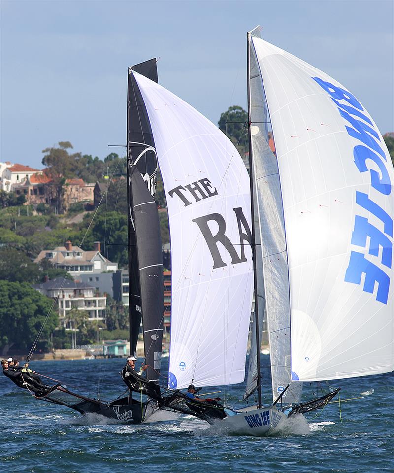 Bing Lee narrowly leads Rag and Famish Hotel to the bottom mark off Kurrabaa Point during the final race of the 18ft Skiff Spring Championship - photo © Frank Quealey