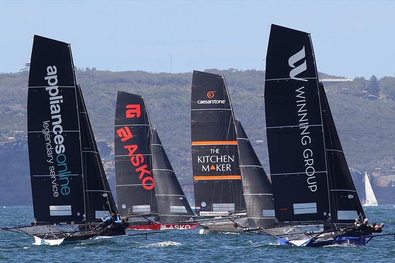 The race for the lead on the windward leg to the mark in Rose Bay during the final race of the 18ft Skiff Spring Championship - photo © Frank Quealey