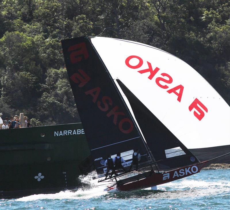 Asko Appliances rides the wash from a passing Manly Ferry photo copyright Frank Quealey taken at Australian 18 Footers League and featuring the 18ft Skiff class