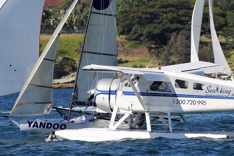 Yandoo found that winning an 18ft Skiff race on Sydney Harbour is not easy when you have to battle with all types of traffic photo copyright Frank Quealey taken at Australian 18 Footers League and featuring the 18ft Skiff class