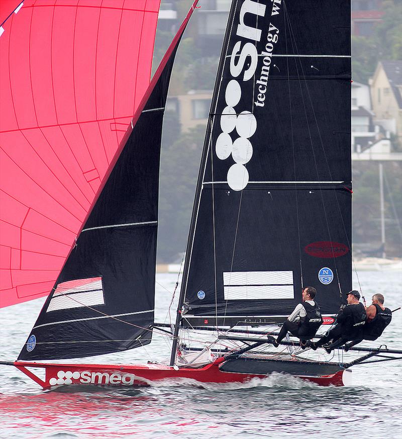 Smeg on her way to victory in race 2 in the 18ft Skiff 'Supercup' 2018 photo copyright Frank Quealey taken at Australian 18 Footers League and featuring the 18ft Skiff class