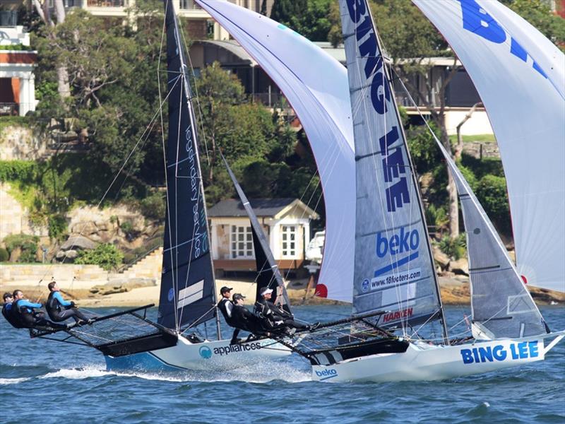 Bing Lee just manages to beat Appliancesonline for fifth place at the finish of today's race - 18ft Skiff Australian Championship, Race 5 photo copyright Frank Quealey taken at Australian 18 Footers League and featuring the 18ft Skiff class