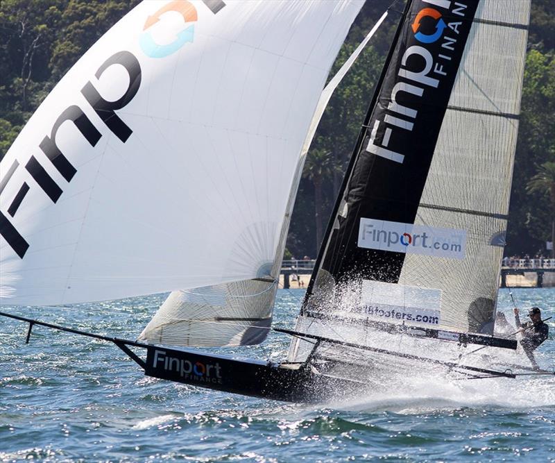 Keagan York drives Finport Finance hard in an attempt to grab the lead from Smeg - 18ft Skiff Australian Championship, Race 5 photo copyright Frank Quealey taken at Australian 18 Footers League and featuring the 18ft Skiff class