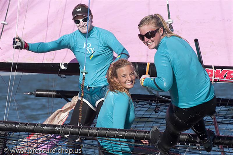 Chad's Angels, left-to-right Christine Neville, Emma Shaw, Katie Love photo copyright Erik Simonson / www.pressure-drop.us taken at Australian 18 Footers League and featuring the 18ft Skiff class