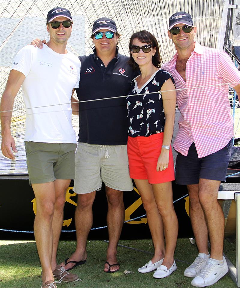 The team (left-to-right Tom Anderson (skipper), Sheet Hand Nick Daly, Nicole Hanmer (sponsor rep), John Walton (bow) - Birkenhead Point Marina photo copyright Frank Quealey taken at Australian 18 Footers League and featuring the 18ft Skiff class