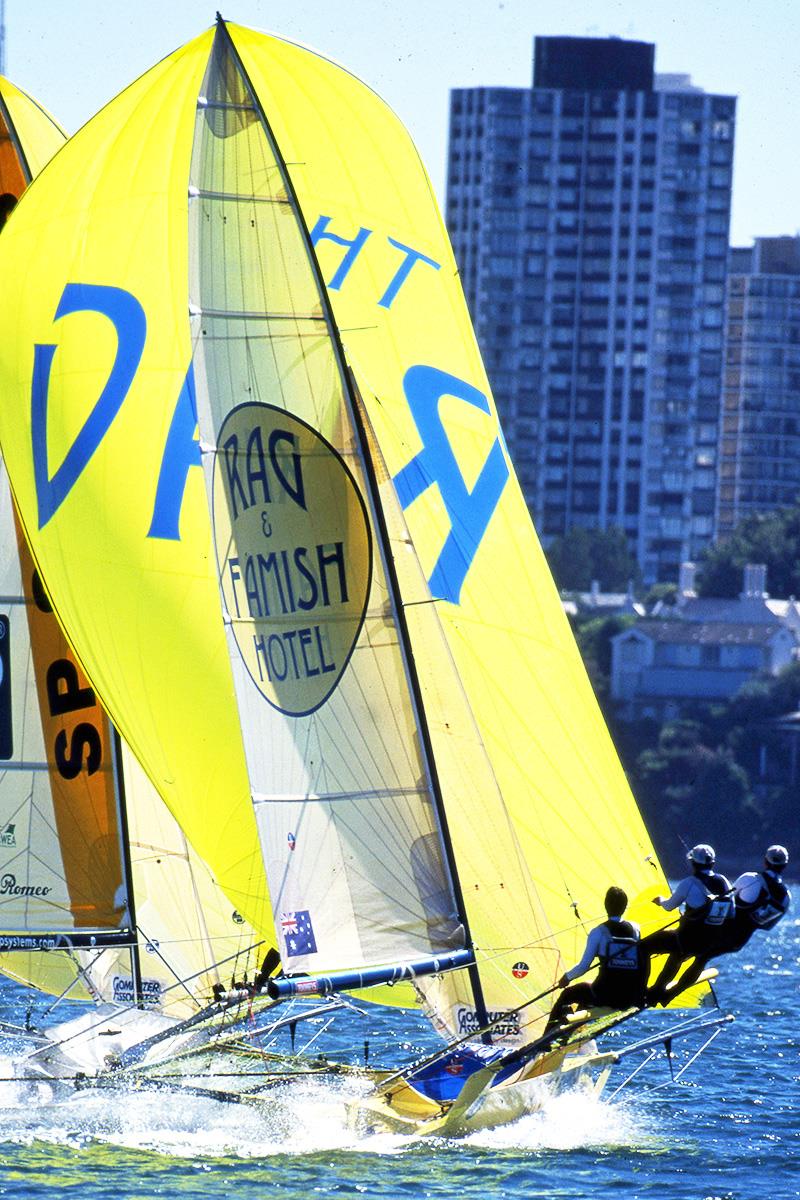 Rag and Famish Hotel on her way to winning the 2001 JJ Giltinan Championship photo copyright Bob Ross taken at Australian 18 Footers League and featuring the 18ft Skiff class