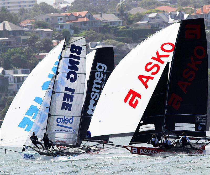 Three way battle for the lead to the bottom mark on the first lap of the course - Race 16 of the Club Championship photo copyright Frank Quealey taken at Australian 18 Footers League and featuring the 18ft Skiff class