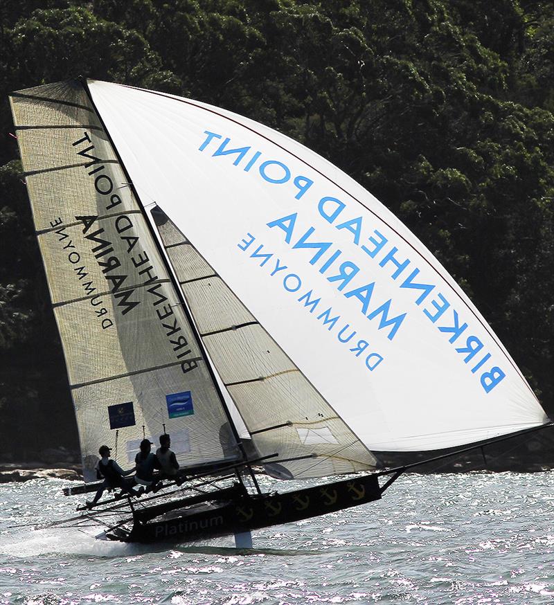 Birkenhead Point Marina flies on the run from Clark Island to Chowder Head - Race 16 of the Club Championship photo copyright Frank Quealey taken at Australian 18 Footers League and featuring the 18ft Skiff class