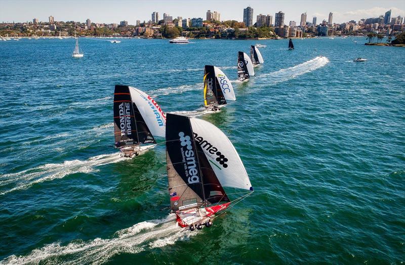 Honda Marine struggles early in Race 2 - JJ Giltinan Championship 2019, March 3, 2019 photo copyright Michael Chittenden taken at Australian 18 Footers League and featuring the 18ft Skiff class