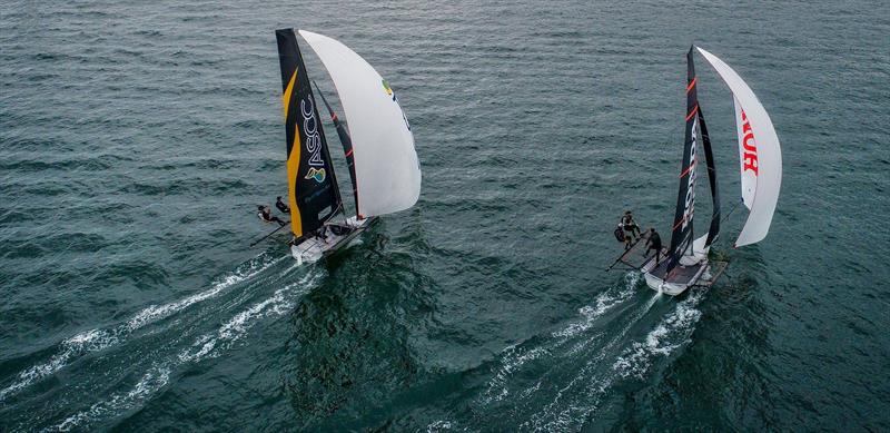 ASCC and Honda Marine battle for the lead at the finish of Race 7 - JJ Giltinan Championship - Sydney Harbour - March 2019 photo copyright Aeromedia taken at Australian 18 Footers League and featuring the 18ft Skiff class