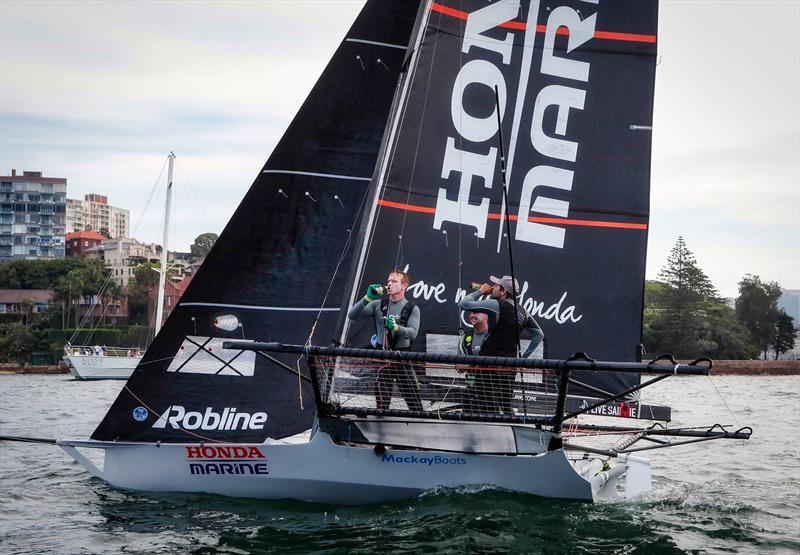 Beer o'clock for Honda Marine - the winner of Race 9 and the overall JJ Giltinan Championship - March 2019, Sydney Harbour photo copyright Michael Chittenden taken at Australian 18 Footers League and featuring the 18ft Skiff class