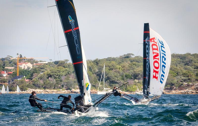 Honda Marine and ASCC were usually in the same patch of water, together, often with ASCC making the early running after skipper Josh Porebski put his 49er experience to good use on the start line - 2019 JJ Giltinan Championship, Sydney harbour, March 2019 photo copyright Michael Chittenden taken at Australian 18 Footers League and featuring the 18ft Skiff class