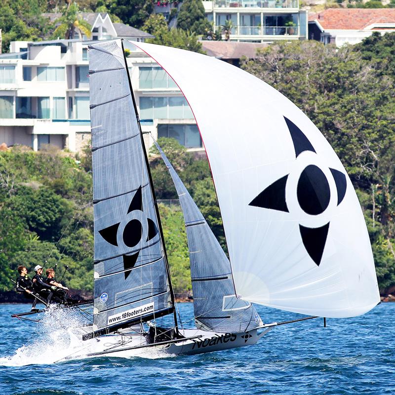 Ash Rooklyn drives Noakes Youth at top speed in Norht East wind on Sydney Harbour in 2016-2017 Season photo copyright Frank Quealey taken at Australian 18 Footers League and featuring the 18ft Skiff class