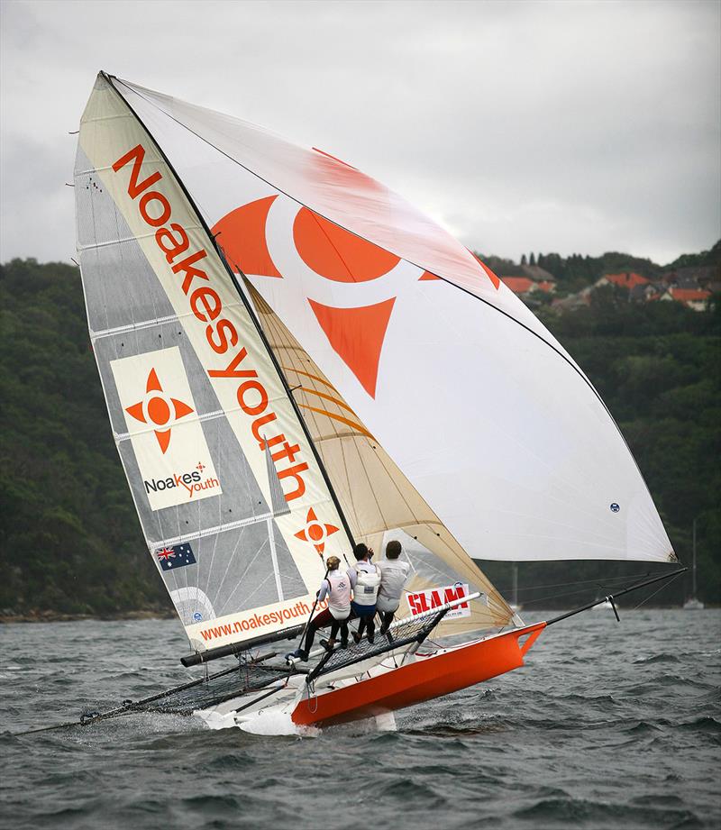 Jacqui Bonnitcha drives her Noakes Youth skiff hard at the 2007 JJ Giltinan Championship on Sydney Harbour photo copyright Frank Quealey taken at Australian 18 Footers League and featuring the 18ft Skiff class