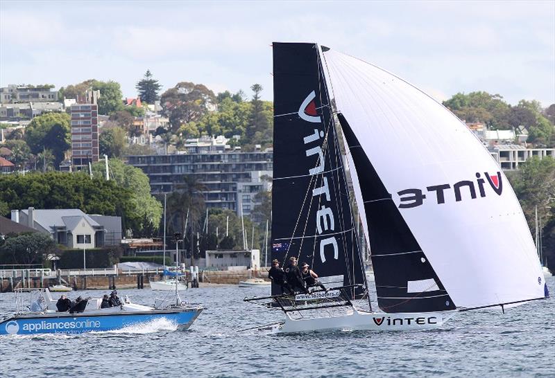 Vintec is the centre of attention for the livetsreaming video team on Sydney Harbour photo copyright Frank Quealey taken at Australian 18 Footers League and featuring the 18ft Skiff class
