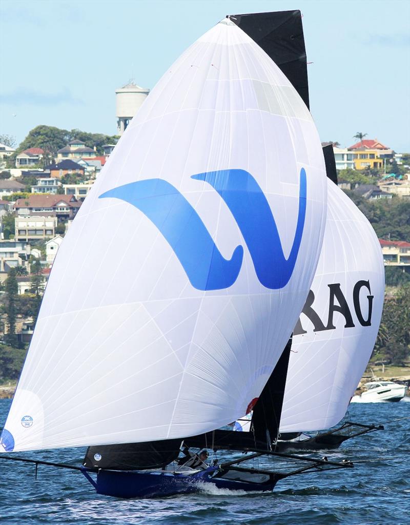 Winning Group leads Rag and Famish Hotel to the bottom mark photo copyright Frank Quealey taken at Australian 18 Footers League and featuring the 18ft Skiff class