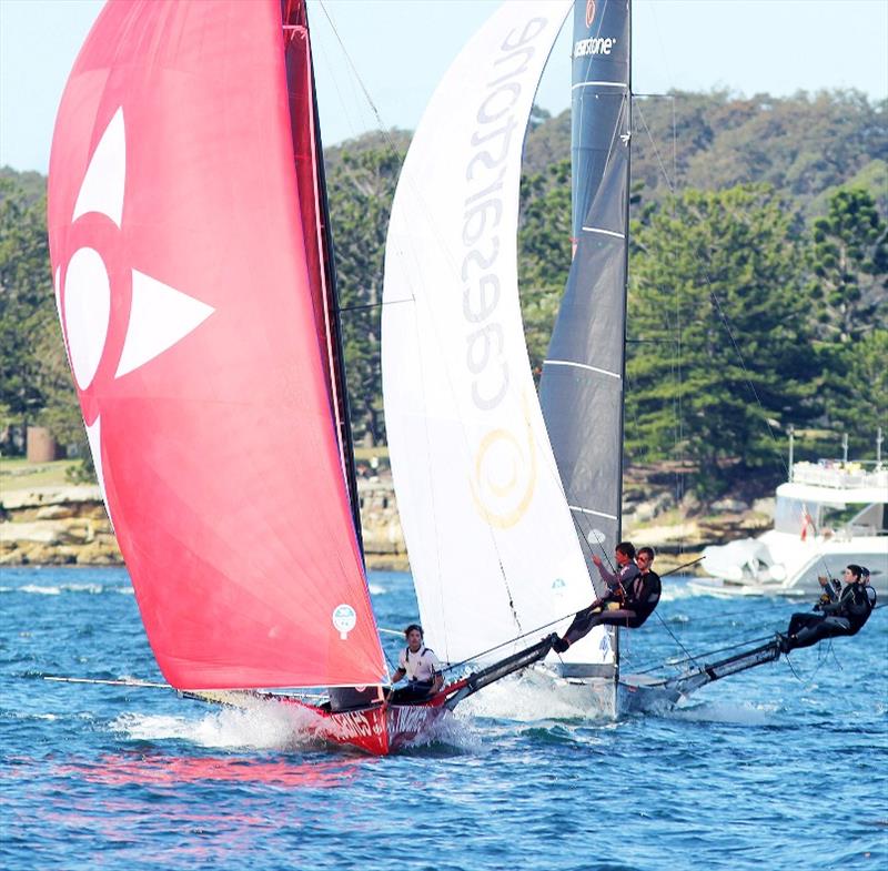 Only one boat-length separates the two leading teams on the spinnaker run to the finish photo copyright Frank Quealey taken at Australian 18 Footers League and featuring the 18ft Skiff class