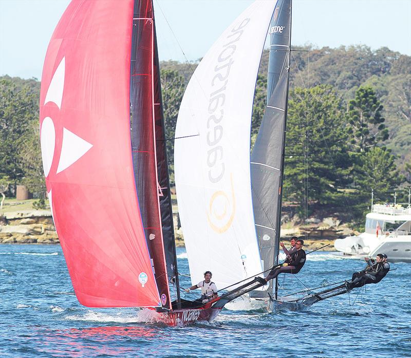 The Kitchen Maker-Caesarstone makes a desperate attempt to catch last Sunday's race winner, Noakesailing photo copyright Frank Quealey taken at Australian 18 Footers League and featuring the 18ft Skiff class