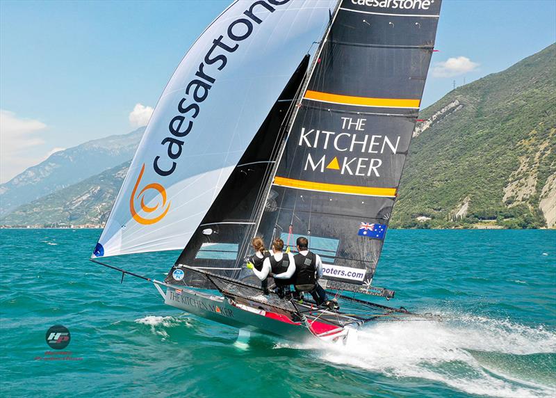 The Kitchen Maker-Caesarstone at speed on Lake Garda photo copyright Hartas Productions taken at Australian 18 Footers League and featuring the 18ft Skiff class