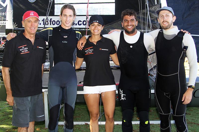 The Kitchen Maker-Caesarstone team, from left - Steve Quigley Tom Quigley, Tatiana Cardoso, Jordan Girdis, Lachlan Doyle photo copyright Frank Quealey taken at Australian 18 Footers League and featuring the 18ft Skiff class