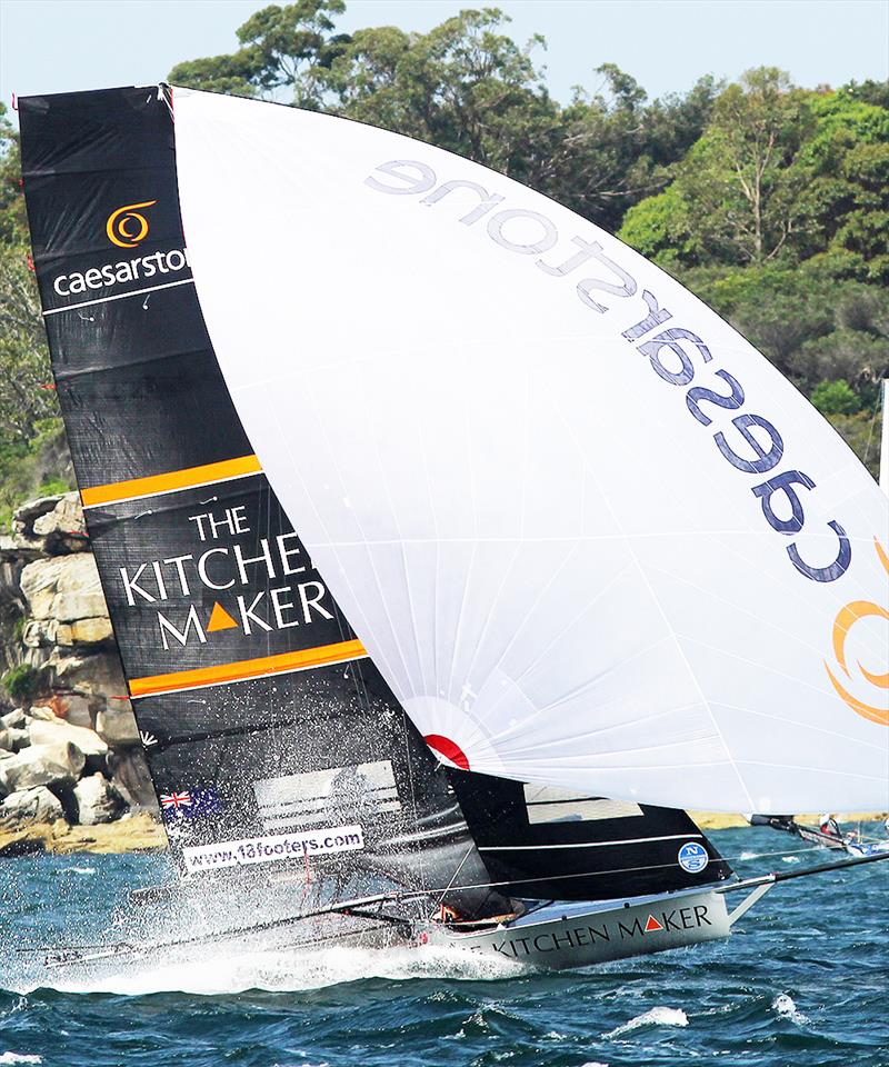 The Kitchen Maker-Caesarstone team on the way to victory in a North East wind on Sydney Harboury photo copyright Frank Quealey taken at Australian 18 Footers League and featuring the 18ft Skiff class