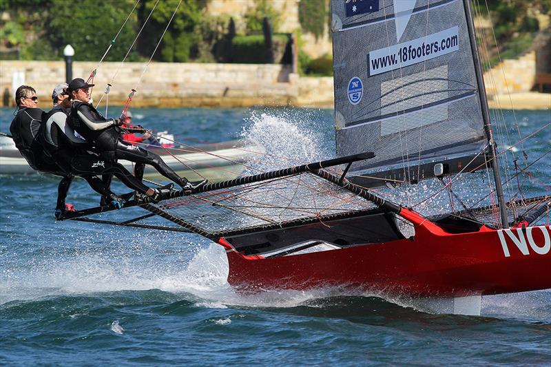 The pressure of sailing an 18ft Skiff shows on the faces of the Noakesailing team - photo © Frank Quealey