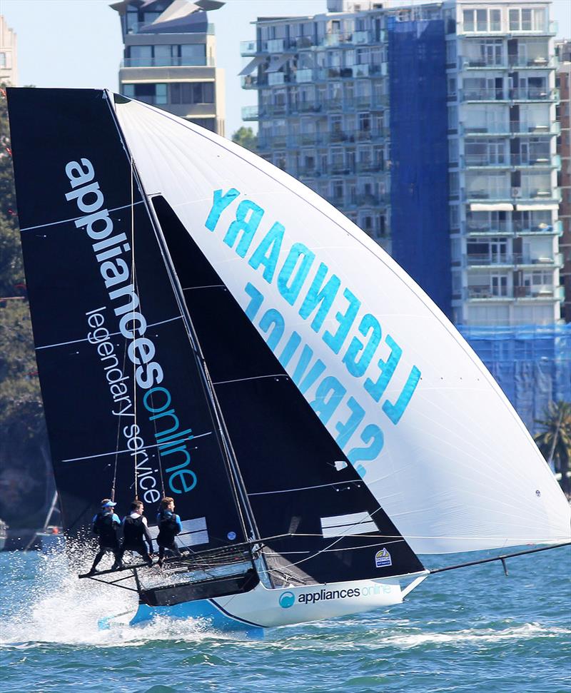 Appliancesonline.com.au on a spectacular spinnaker run during Race 3 of the 18ft Skiff Spring Championship photo copyright Frank Quealey taken at Australian 18 Footers League and featuring the 18ft Skiff class