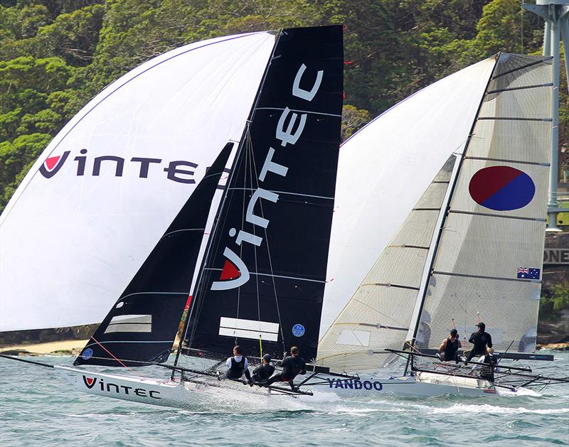 Vintec and Yandoo were in the top four on the first spinnaker run - 2019 18ft Skiff Spring Championship photo copyright Frank Quealey taken at Australian 18 Footers League and featuring the 18ft Skiff class