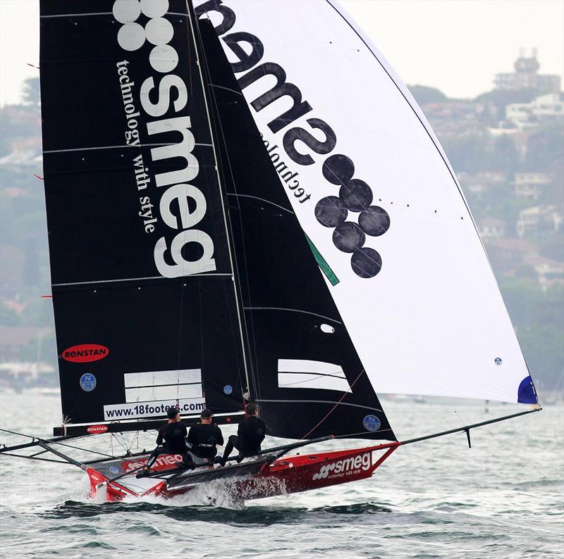 Smeg showed great speed downwind during the wild weather experienced by the fleet in Race 4 of the Spring Championship photo copyright Frank Quealey taken at Australian 18 Footers League and featuring the 18ft Skiff class