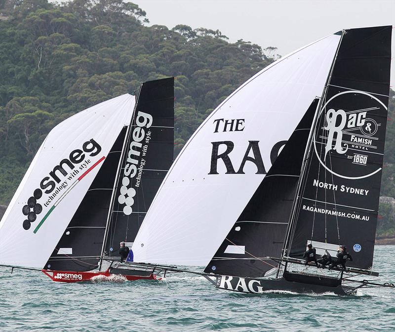 Smeg and Rag and Famish Hotel, two of the teams vying for the title - 18ft Skiff NSW Championship 2019 photo copyright Frank Quealey taken at Australian 18 Footers League and featuring the 18ft Skiff class