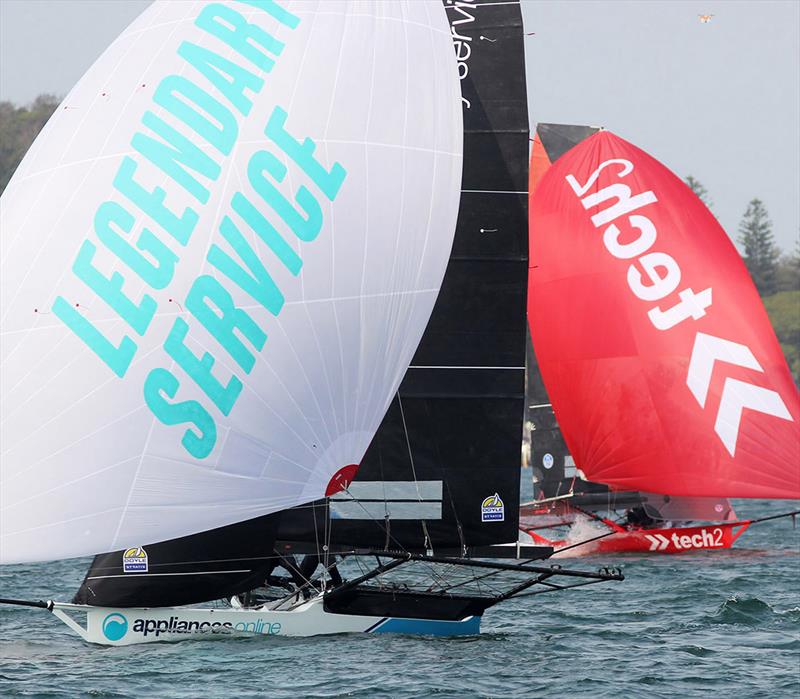 appliancesonline.com.au crosses Tech2 on the first lap spinnaker run - NSW Championship 2019 photo copyright Frank Quealey taken at Australian 18 Footers League and featuring the 18ft Skiff class