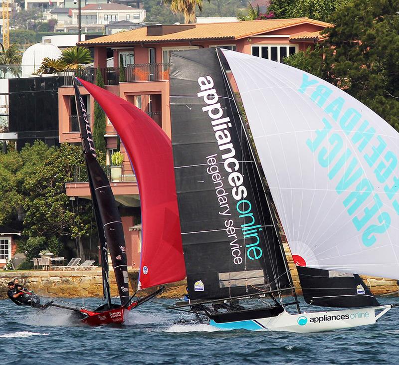 Appliancesonline.com.au crosses Shaw and Partners just 400 metres from the finish line - NSW Championship 2019 photo copyright Frank Quealey taken at Australian 18 Footers League and featuring the 18ft Skiff class