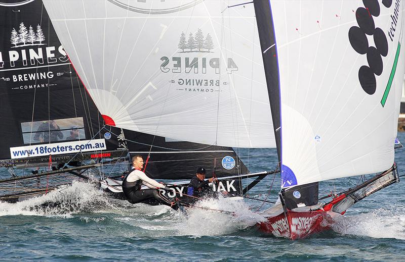 Smeg crosses The Oak Double Bay-4 Pines only 50 metres from the finish - NSW Championship 2019 photo copyright Frank Quealey taken at Australian 18 Footers League and featuring the 18ft Skiff class